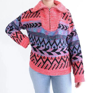 John + Jenn Nash Sweater Neon Pink & Teal Knit Abstract Quarter-Zip  Sweater S